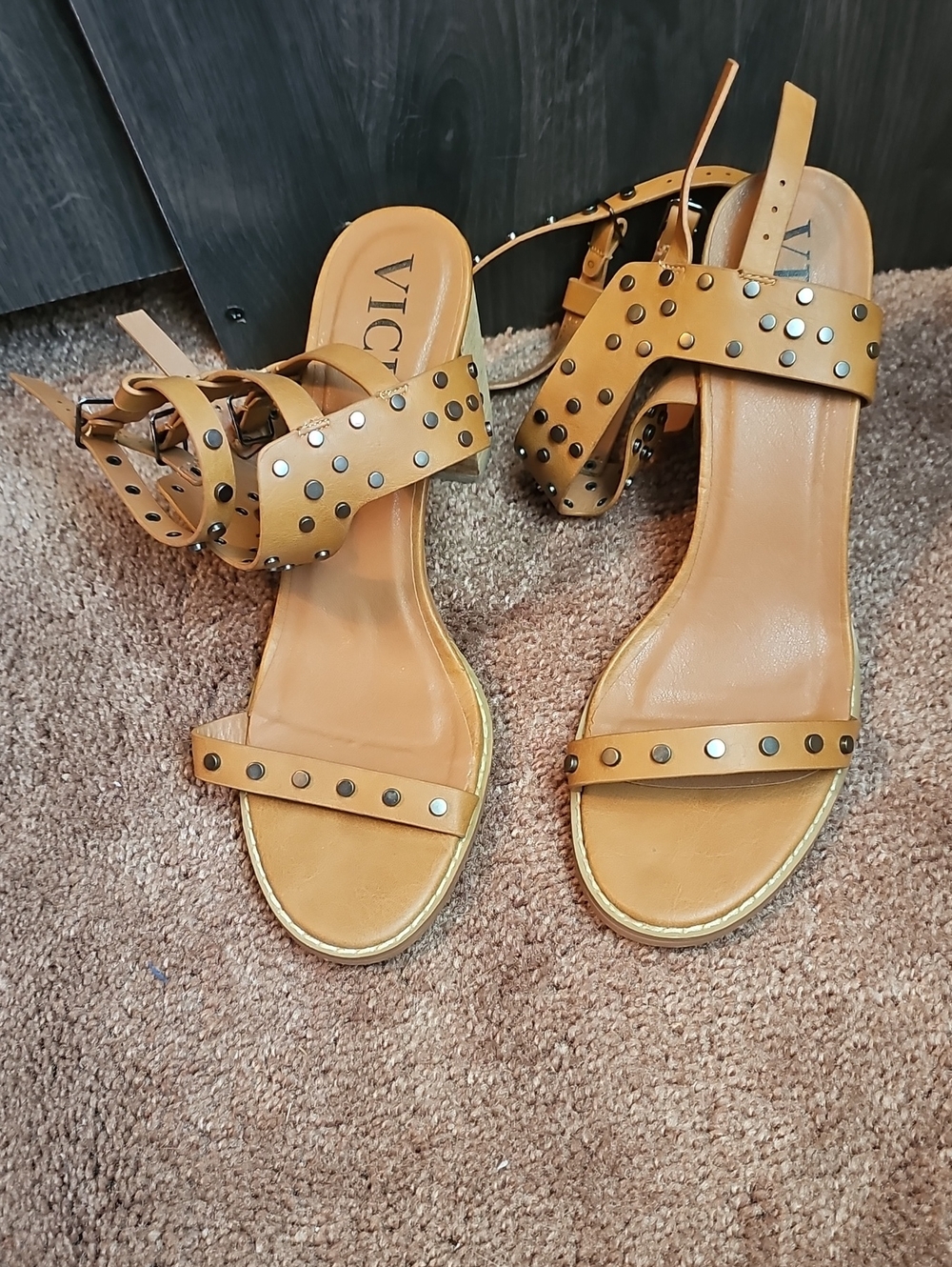 Vici Tan Studded Ankle Wrap Heels